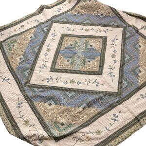 Vintage Hand Stitched Log Cabin Quilt With Embroidered Floral Applique 87"x83"